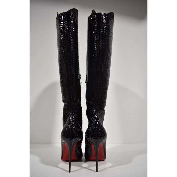 Christian Louboutin Alta Botta 100 Black Patent Bird Knee High Heel Boot 37.5 - Picture 11 of 12